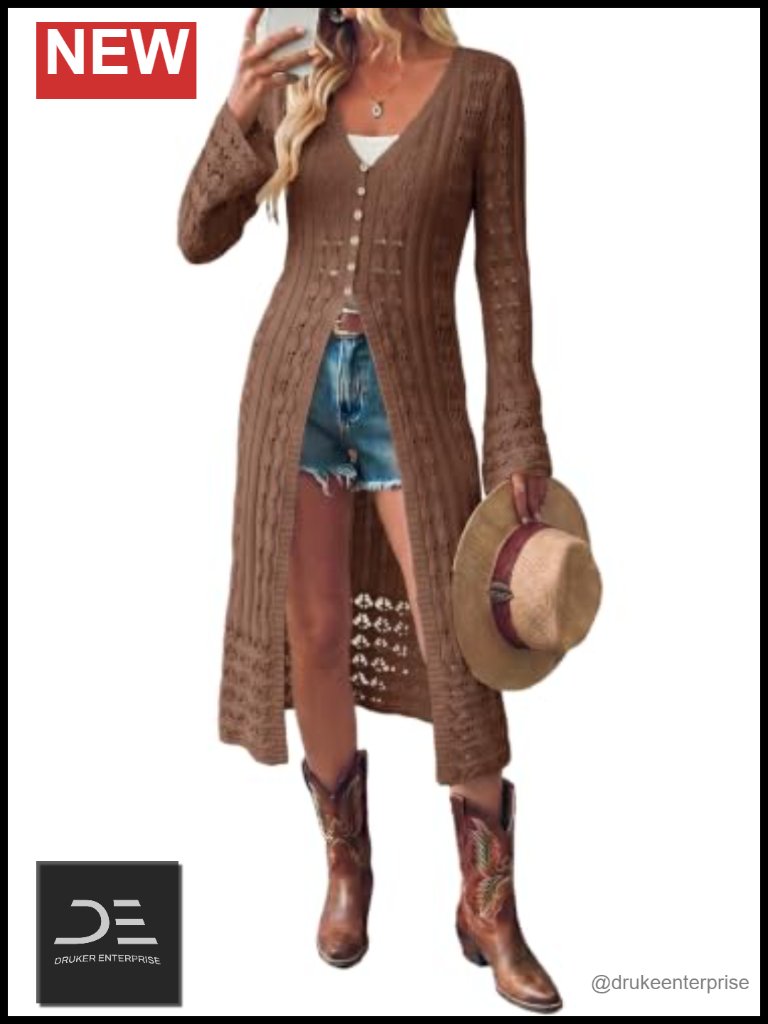 Crochet Duster Cardigan Bell Sleeve Button Up Lightweight Sweater